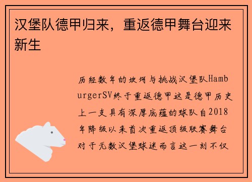 汉堡队德甲归来，重返德甲舞台迎来新生